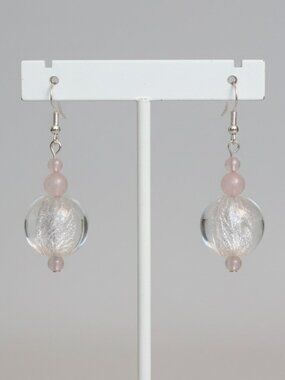 Murano Style Foil Glass and Rose Quartz Pierced Earrings